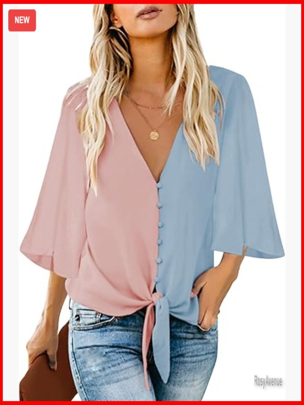V Neck 3/4 Sleeve Tie Knot Blouse Button Down Shirt Casual Tops